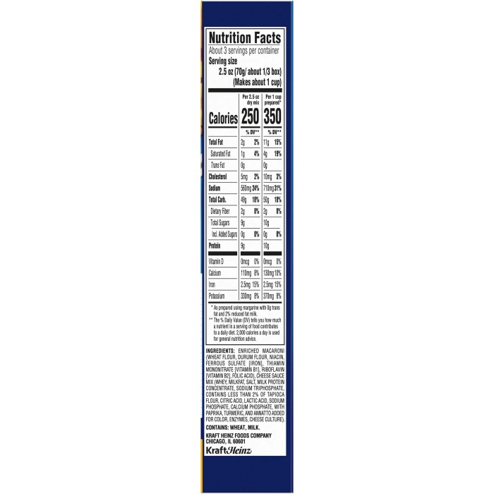 Kraft macaroni and cheese nutrition label